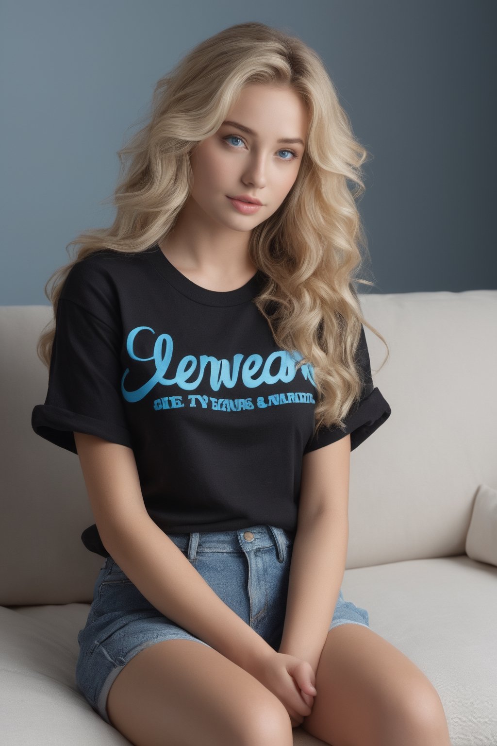 ((Generate hyper realistic image of  captivating scene featuring a stunning 20 years old girl,)) with medium long blonde hair,  flowing curls,  semi side view, sitting in a couch, donning a jeans shorts and a trendy slogan black tee with sleeves rolled up, piercing, blue eyes, photography style , Extremely Realistic,  ,photo r3al