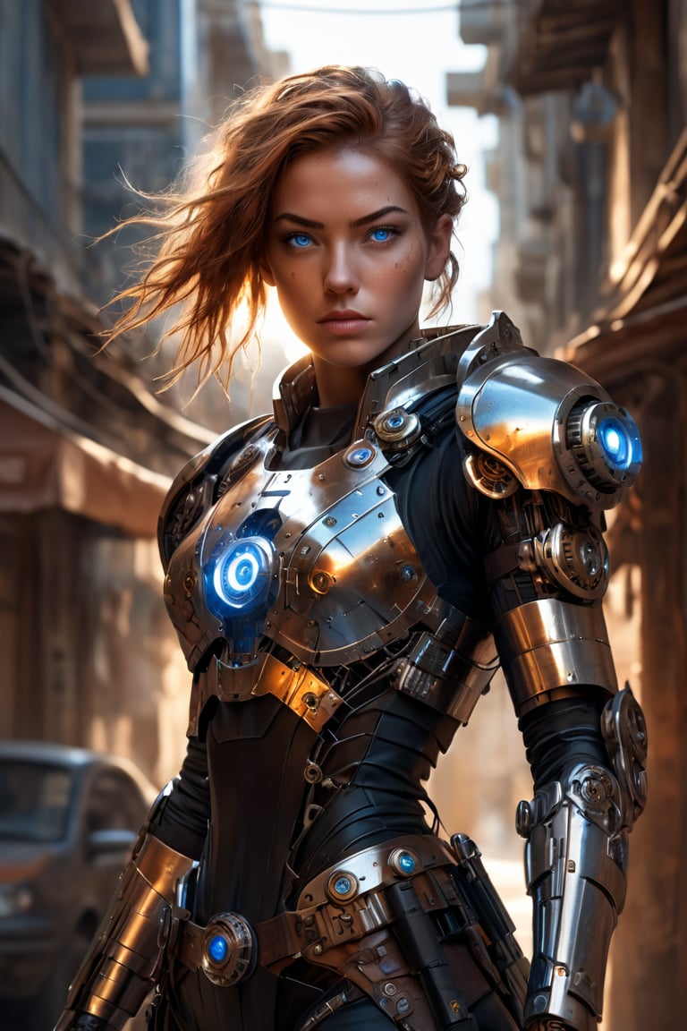 A sleek, metallic female cyborg with glowing blue eyes stares around a large, shiny gun in the center of a bustling city in ancient Greece. The intricate metal facades and towering skyscrapers of ancient Greece are illuminated by the dim light of the afternoon sun. The cyborg's gears and wires are covered in a warm amber light,