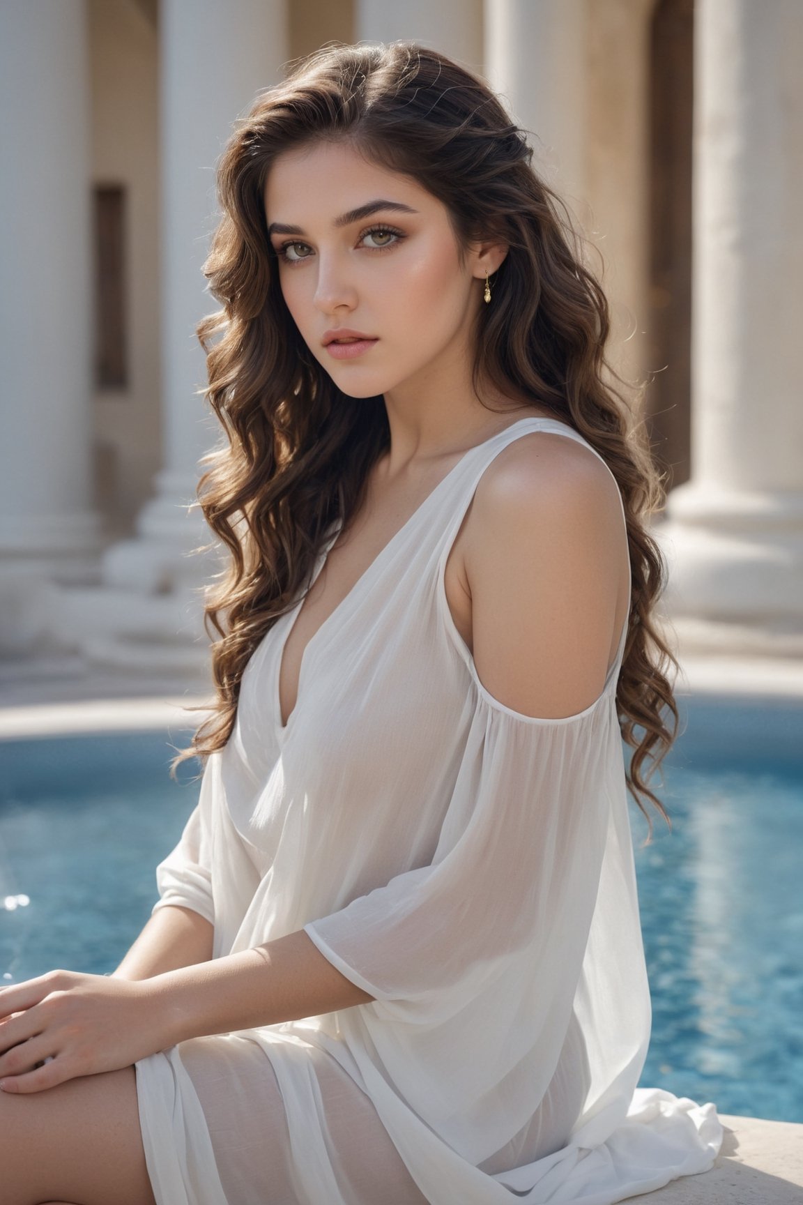 ((Generate hyper realistic image of  captivating scene featuring a stunning 20 years old greek girl,)) with long dark hair, flowing curls, semi side view, with a short semi-transparent white Greek tunic,, (perfect body,)  her piercing almond color eyes, sitting next to fountain, in clasic greek background. photography style ,Extremely Realistic, , darkart,3dmdt1