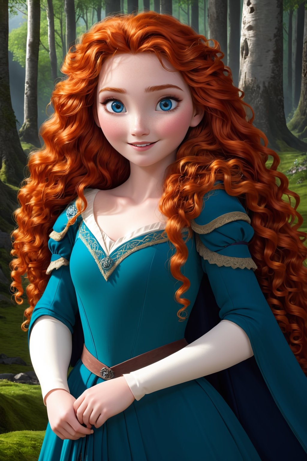 ((Generate  Portrait of  princess Merida, )) 
ginger curly very long hair, smile, blue eyes,  beautiful,  gorgeous,  (Wearing a medieval Scottish dress,)