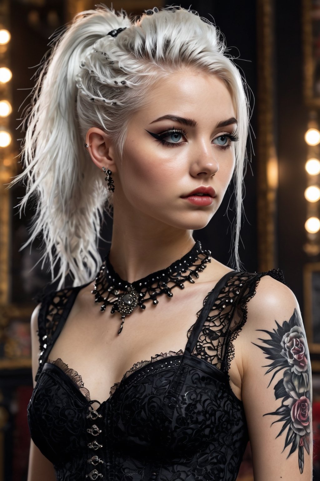 ((Generate hyper realistic image of a stunning  20 year old punk girl,)) rich intrincate detailed, black lace dress, long white hair in semi-punk style with a ponytail, meaningful colors,16k resolution, masterpiece, highly complex setting,dynamic lighting, breathtaking, lovely photography style, Extremely Realistic,