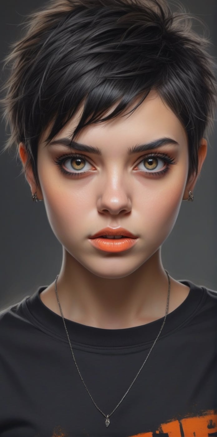 Generate hyper realistic close portrait of a beautiful girl, short messy black hair with a punk cut, dark background, orange t-shirt, very detailed beautiful eyes. Very detailed, provocative face, (dynamic provocative pose),   soft colors artwork, hight detailed,