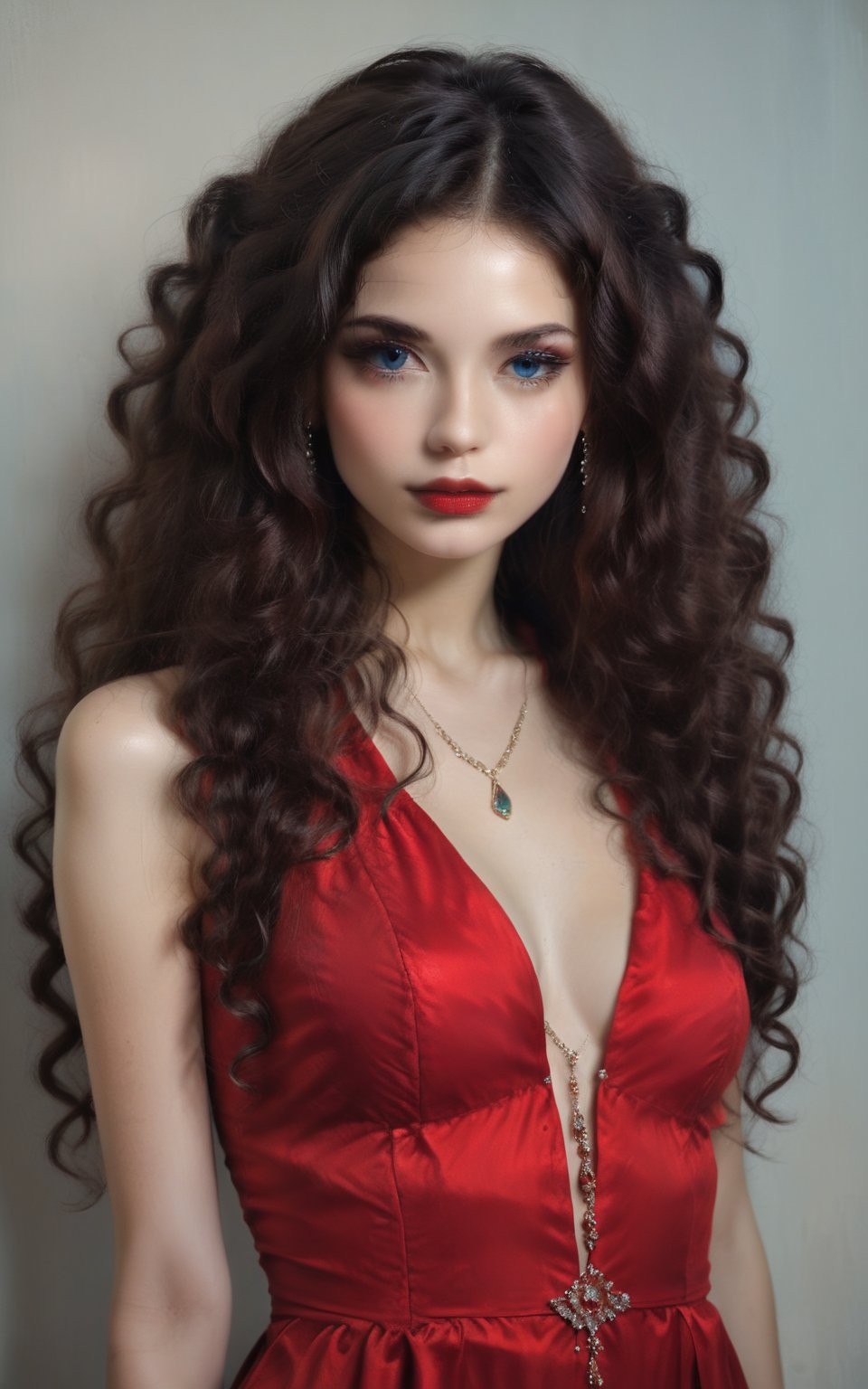 ((Generate hyper realistic half body portrait of captivating scene with a beautiful girl fantasy lady,)) detailed face, piercing, blue eyes, dark long hair, medium chest, dark red dress with intrincate details, photography style, Extremely Realistic, ,photo r3al high detail, 8k, hyper detailed, masterpiece