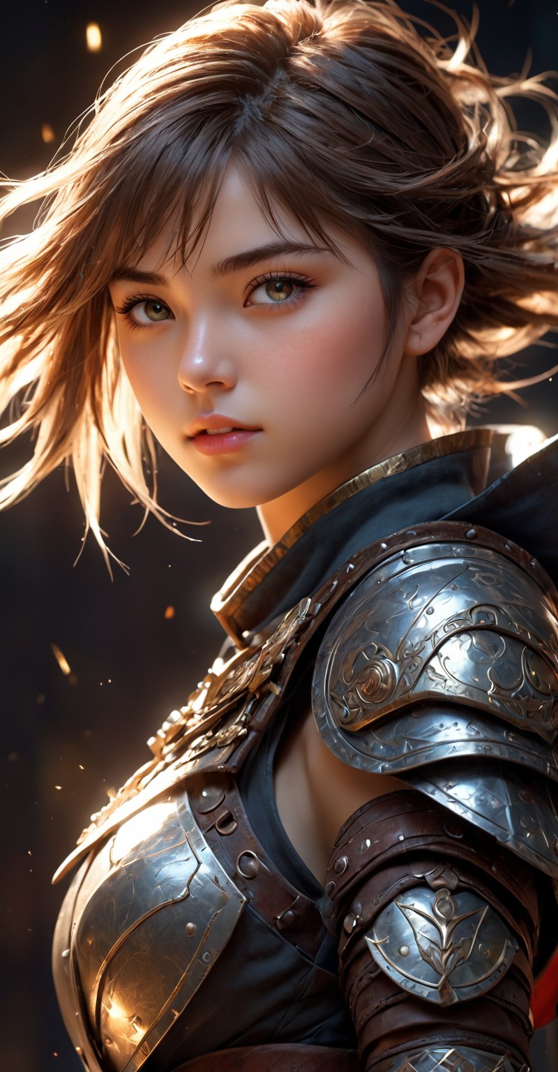 Generate image of a beautiful warrior girl, 18y.o, small and cute, (eye color switch), (bright and clear eyes), ((Intrincate details,)) realistic anime style, depth of field, lighting cinematic lighting, rays, ray tracing, reflected light, glow light, side view, close up, masterpiece, best quality, high resolution, super detailed, high resolution surgery precise resolution, UHD, skin texture,full_body,