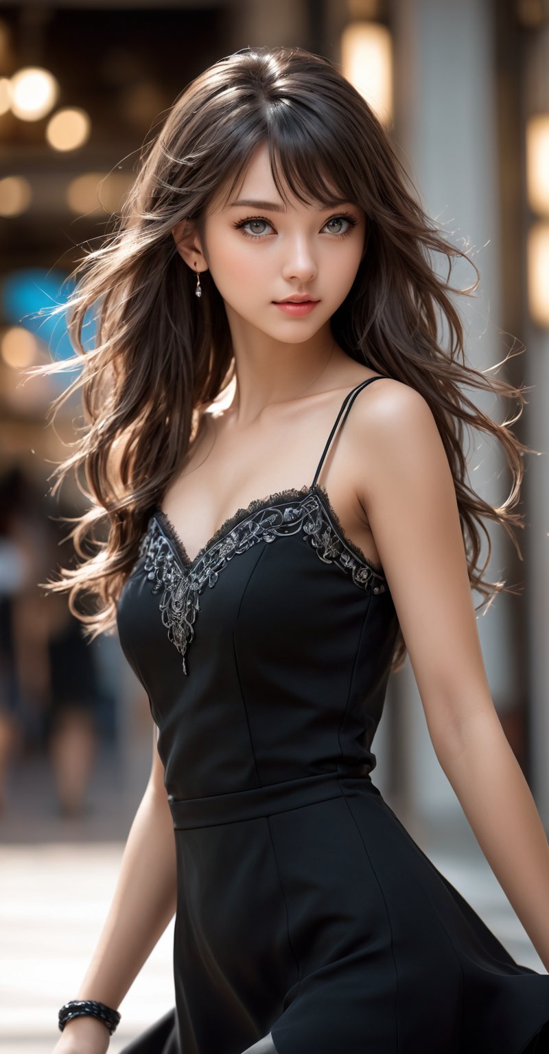 Generate image of a beautiful girl, 25 years old, petite and cute, black mini dress, (light grey eyes), (bright and clear eyes), ((Intricate details,)) realistic anime style, depth of field, cinematic lighting, reflected light, dramatic lighting, semi side view, medium shot, masterpiece, best quality, high resolution, super detailed, high resolution image, accurate resolution, UHD, skin texture, full body, in a shopping mall