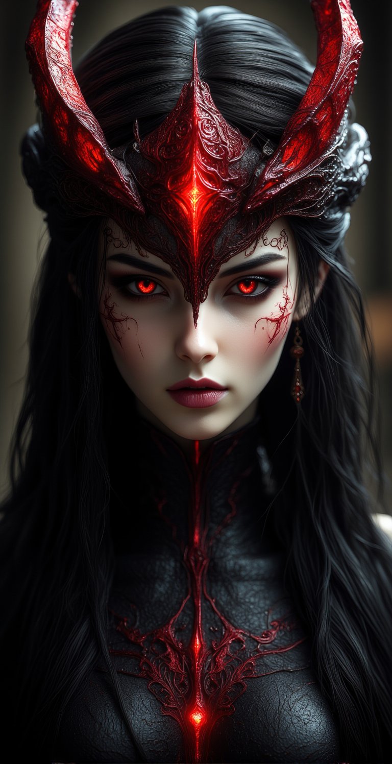 a beautiful young evil woman with long blowing black hair, gothic, intricate, elegant, highly detailed, majestic, greg rutkowski, surreal red filigree, broken glass, (masterpiece, sidelighting, finely detailed beautiful red eyes: 1.2), hdr, realistic painting , natural skin, textured skin, closed mouth, gray eyes, ornament filigree, eye makeup, robot joints, long hair moved by the wind, from hell,