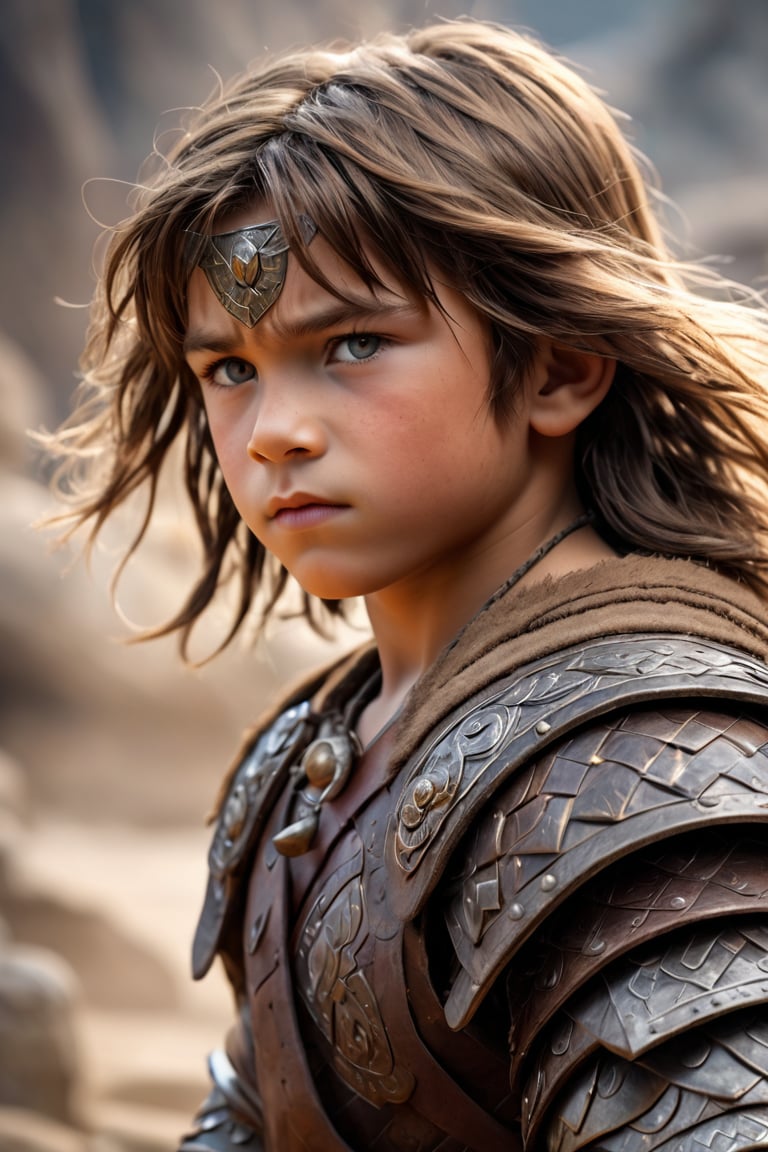 Generate image of Conan the barbarian as a child  at 11 years old, petite and cute, (light grey eyes), (bright and clear eyes), ((Intricate details,)) realistic anime style, depth of field, cinematic lighting, reflected light, dramatic lighting, semi side view, medium shot, masterpiece, best quality, high resolution, super detailed, high resolution image, accurate resolution, UHD, skin texture, full body, 