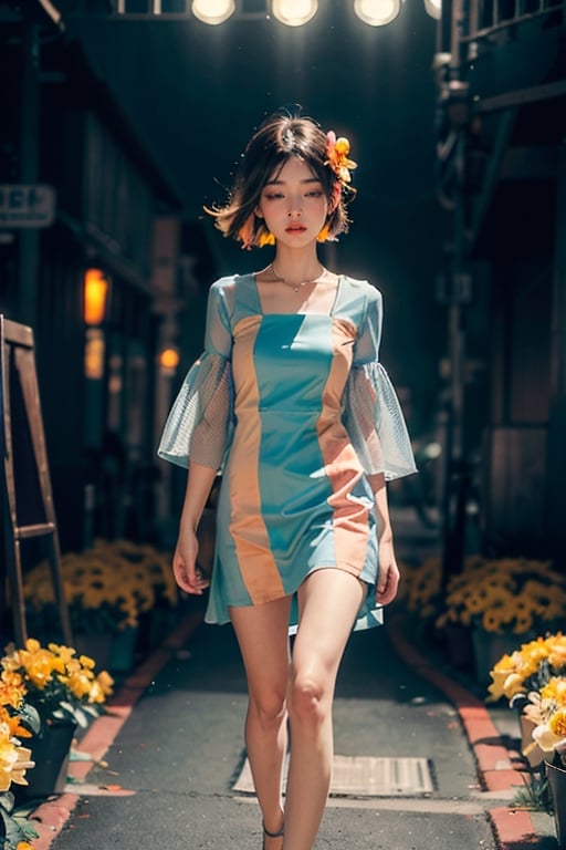 woman, flower dress, colorful, darl background,blue theme,exposure blend, medium shot, bokeh, (hdr:1.4), high contrast, (cinematic, teal and orange:0.85), (muted colors, dim colors, soothing tones:1.3), low saturation,motiontrail