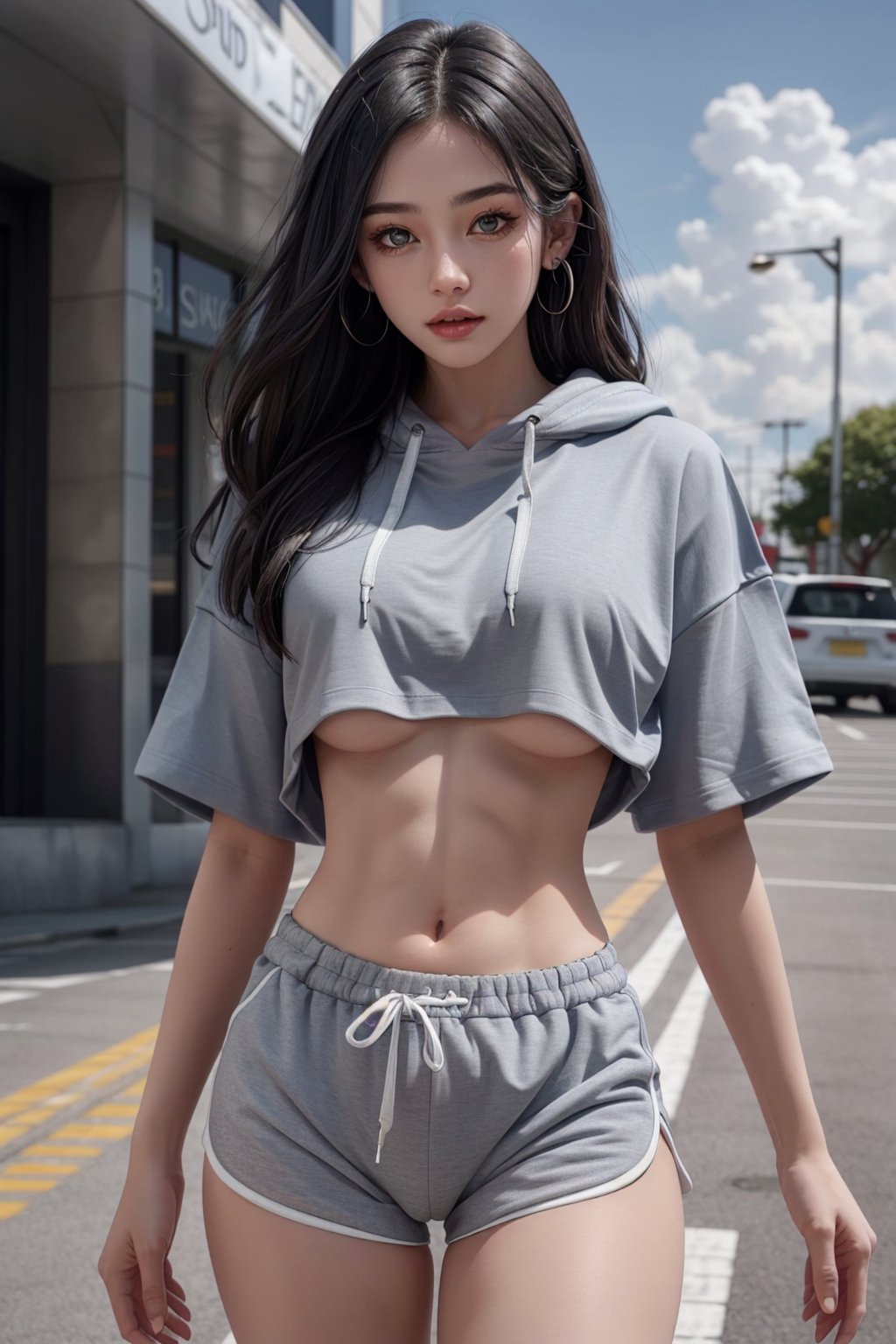 1girl, loose t-shirt, dolphin shorts, Slender body, falling flat, no pantie, cunt,z1l4,light_gray_shorts,cropped hoodie underboob