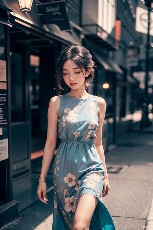 woman, flower dress, colorful, darl background,blue theme,exposure blend, medium shot, bokeh, (hdr:1.4), high contrast, (cinematic, teal and orange:0.85), (muted colors, dim colors, soothing tones:1.3), low saturation,motiontrail