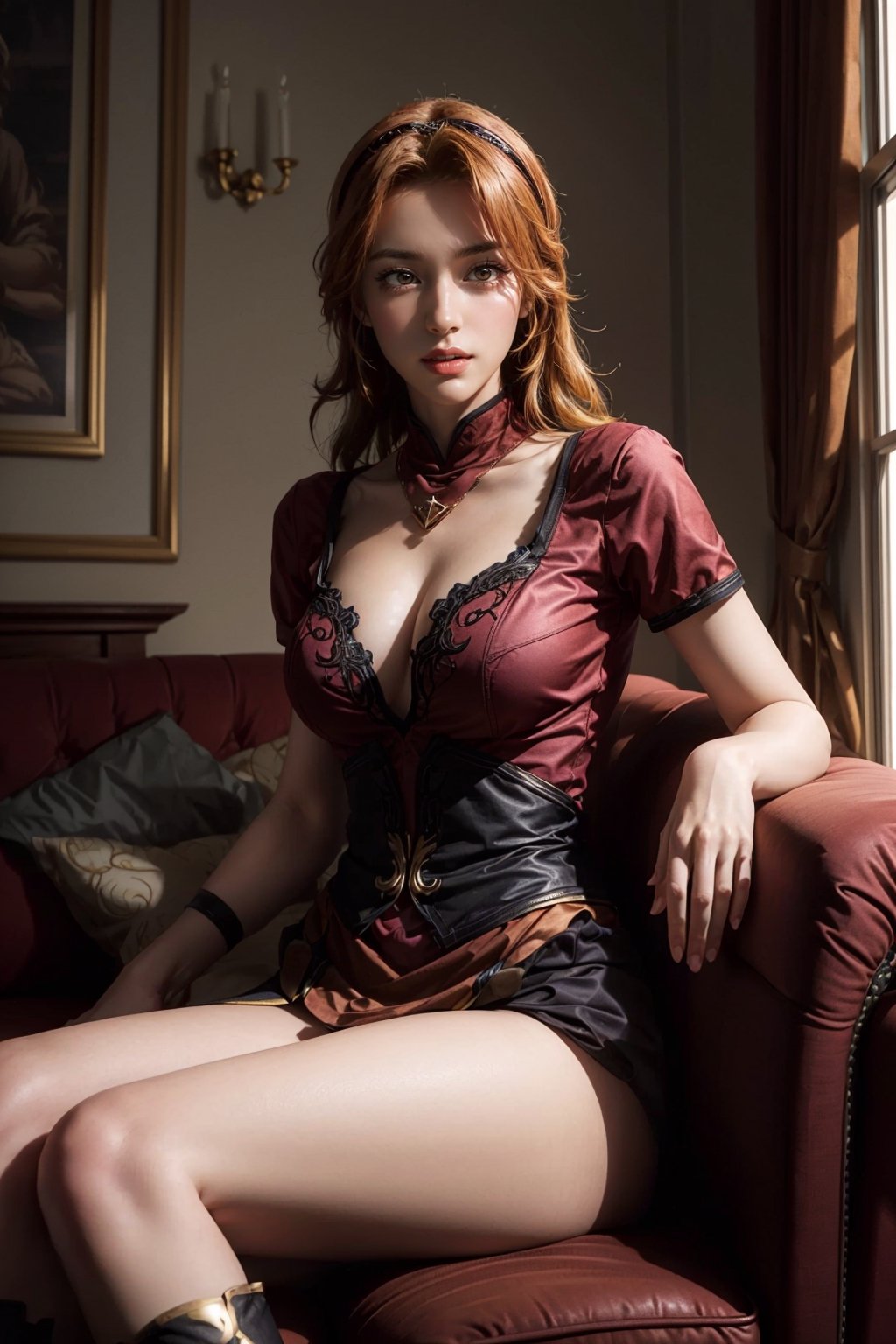 official art, lina,Photorealistic portrait, made in V-Ray format for hyperrealism, of a beautiful young girl sitting on a sofa, under volumetric light casting soft, diffuse shadows. The photo was taken on a Canon EOS D5 120mm camera and underwent professional color correction. The subject, Aerith Gainsborough, is a 20-year-old woman with very long hair, a detailed face and iridescent eyes, an hourglass figure, a slender body, medium breasts, a medium butt and pale skin. She sits on the ground with her knees pressed together, exposing her breasts, nipples, hairband, necklace, sheer dress, lace panties and knee-high boots. She looks at the viewer, sitting on the sofa, legs spread