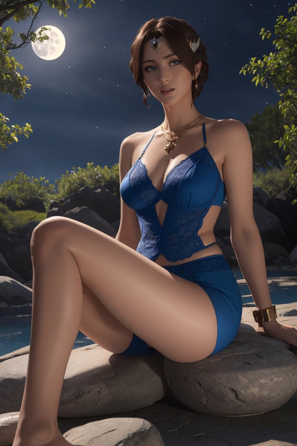 official art, mirana, 1girl, medium full frame, solo, brown hair, in lingerie, hand to the side, bare feet, necklace, bare shoulders, sitting on a stone, blue eyes, moonlit night, magic grove, magic particles, (blue tones) ), best quality, (masterpiece), realistic, 8k illustration,
Laura:dotaMirana:0.7,sexy lingerie