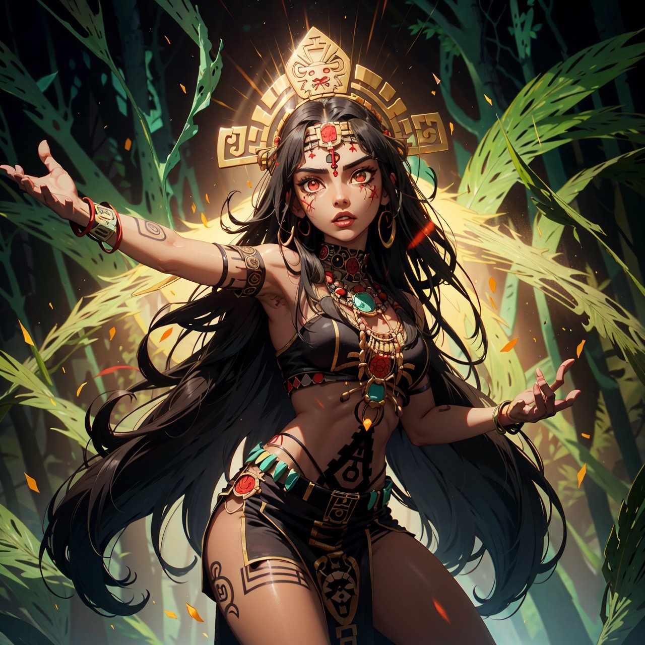 Masterpiece, ultra hd, 8k,  (red eyes), (bright eyes:1.2), (brownskin), glowing red eyes, perfect figure, finely detailed_body, one female, aztec woman, (solo), very long hair, (black hair), aztec clothes, aztec goddess, aztec tattoos,  |  ((dynamic angle, dynamic pose)), detailed background, Glowing Runes, sunshine, jungle, Detailed face,