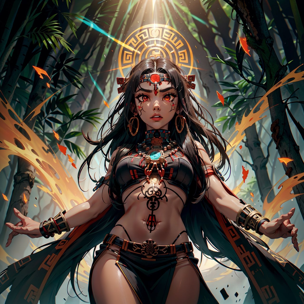 Masterpiece, ultra hd, 8k,  (red eyes), (bright eyes:1.2), (brownskin), glowing red eyes, perfect figure, finely detailed_body, one female, aztec woman, (solo), very long hair, (black hair), aztec clothes, aztec goddess, aztec tattoos,  |  ((dynamic angle, dynamic pose)), detailed background, Glowing Runes, sunshine, jungle, Detailed face,