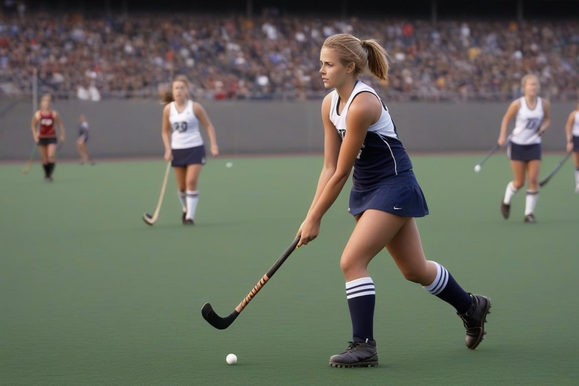 score_9,score_7_up,score_8_up, female field hocky player, holding a field_hockey stick, grass field stadium, field hockey net, players on the field,  outdoor, crowds, 