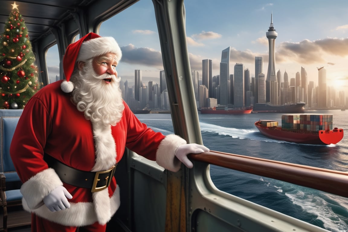 (masterpiece, photo realistic), Santa Claus is onboard a cargo ship, forward ship bridge window shows the deck and bow tip  heading toward a megacity, cargo full of presents, awesome view, enormously grand view ,photo r3al