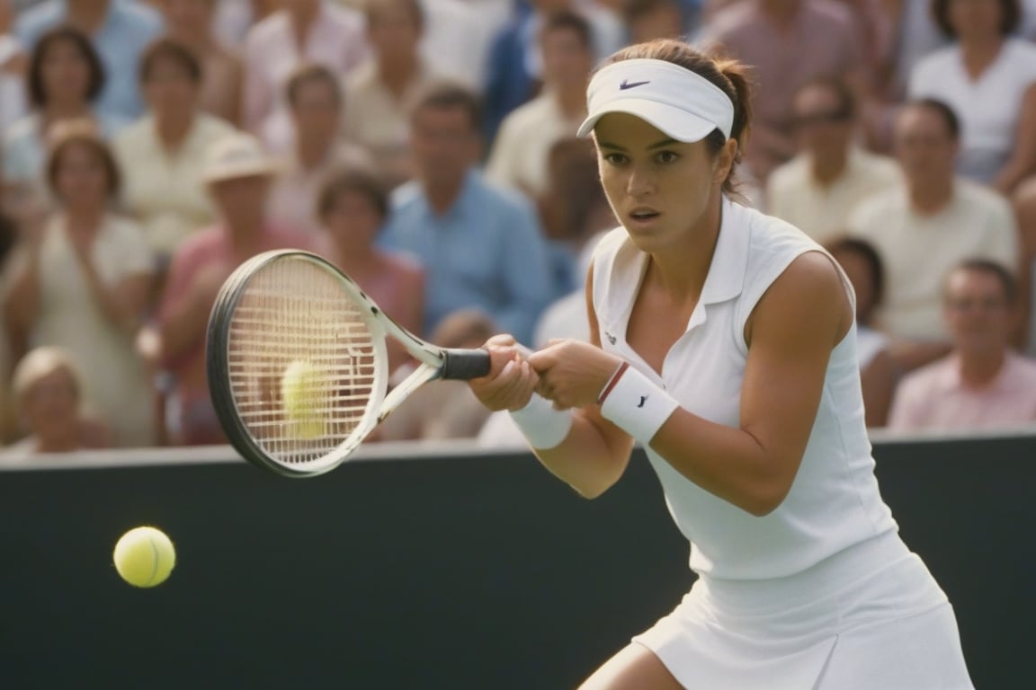 score_9,score_7_up,score_8_up, female tennis player holding racquet hitting a tennis ball, tennis court, stadium, crowds, 