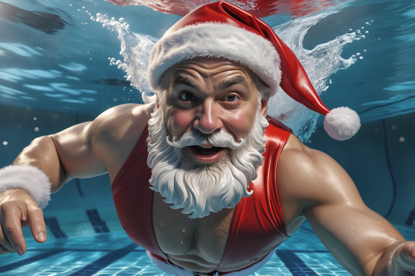 (masterpiece, photo realistic), close up view of Santa Claus swimming hard and fast, freestyle swim, POV ,photo r3al