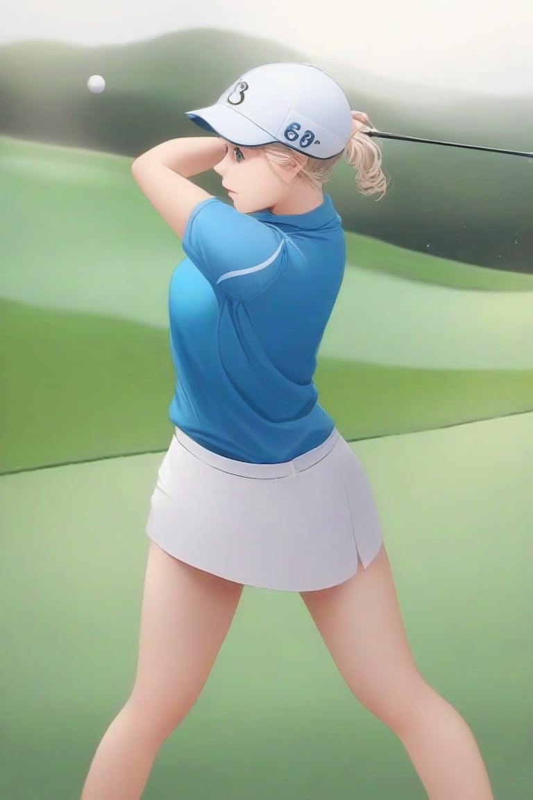 score_9,score_7_up,score_8_up, 1girl, athletic golfer, golf swing, on golf course, golf attire, number tag,  competiton, olympic