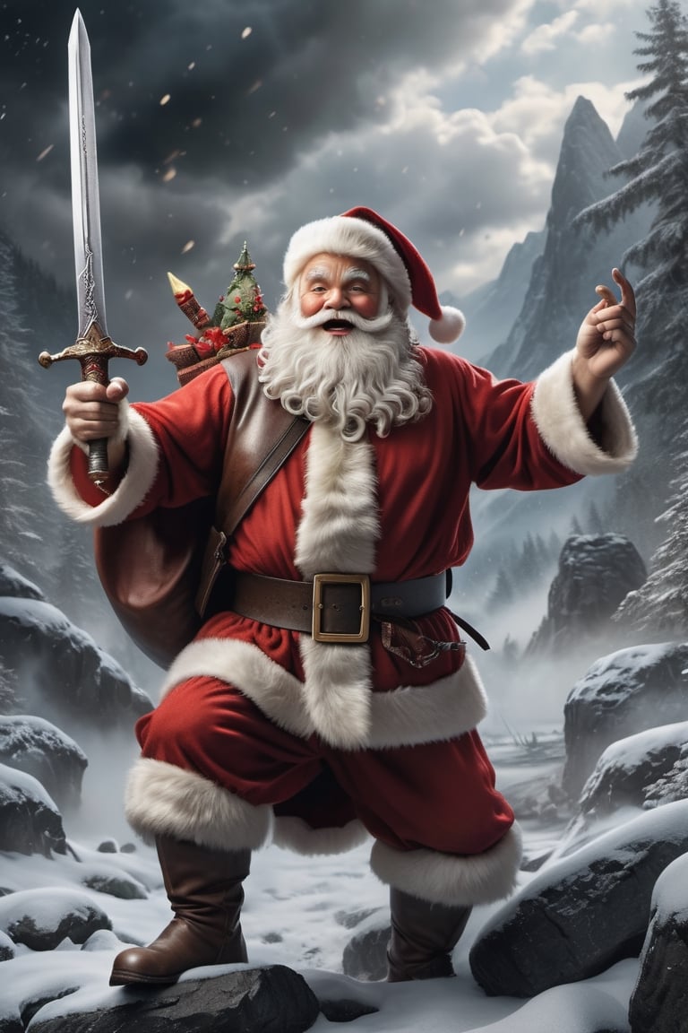  (masterpiece, photo realistic), Santa Claus holding a mythical sword, battling monsters, epic battle,  highly detailed, very scenic, very real!