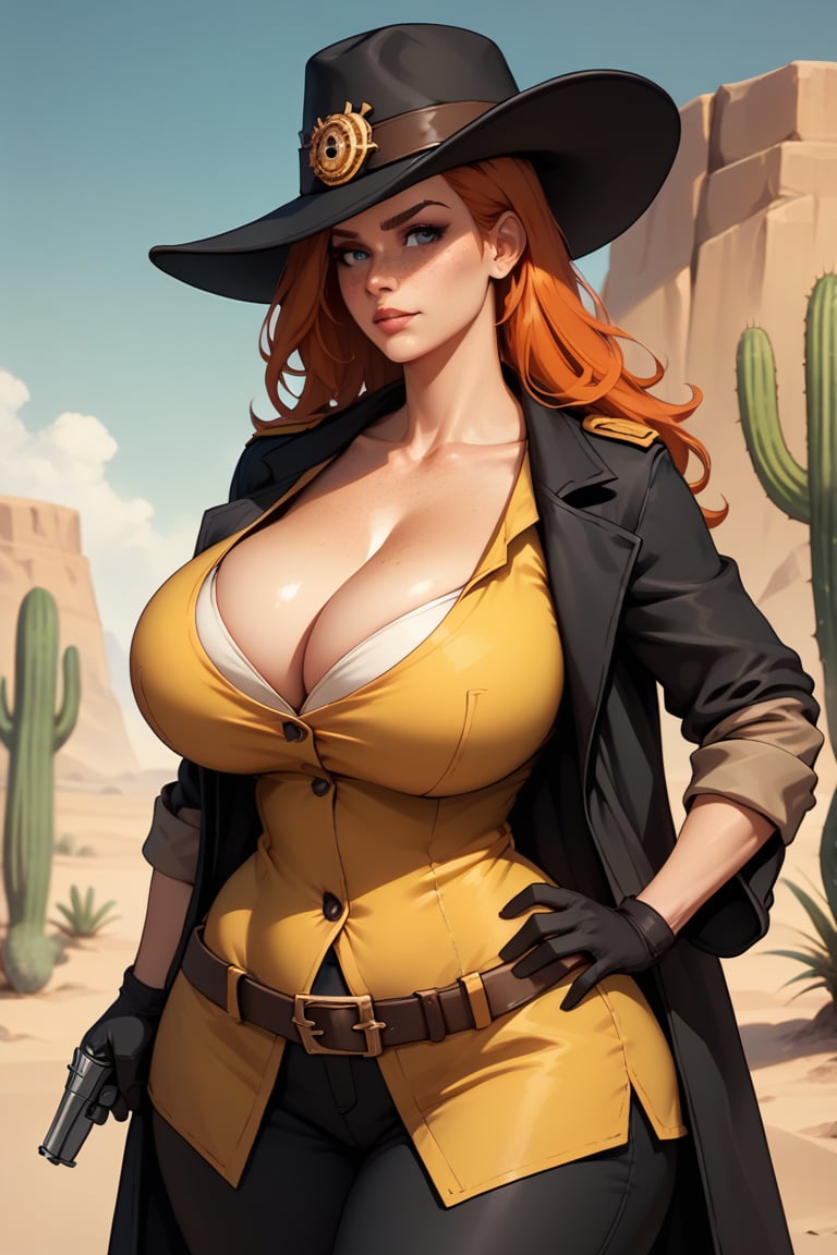 score_9, score_8_up, score_7_up, 1girl, solo, orange hair, ginger, freckles, huge body, (huge breasts, heavy breasts), (wide hips:1.2), Old West, wild west outfit, yellow vest, cleavage, clavicle, collarbone, (black trench coat), black pants, black hat, one hand holding weapon, revolver pistol, black gloves, belt holster, one hand on hip, wild west setting, desert town, cactus