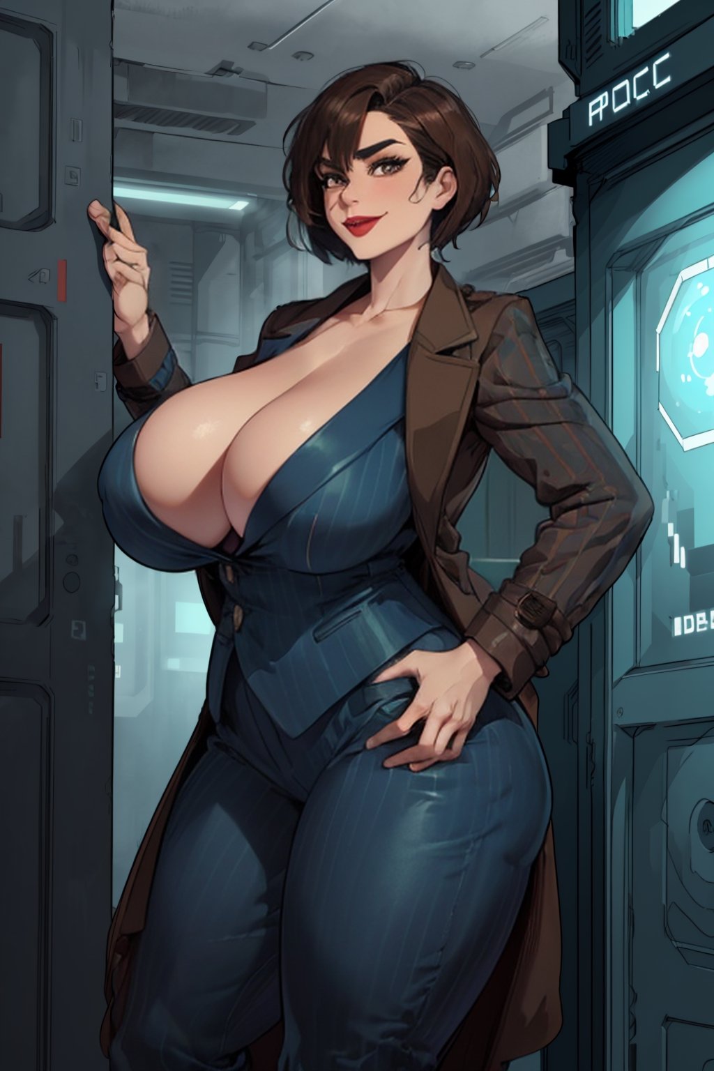 1girl, mature female dressed as The Doctor, doctor who, timelord, (masterpiece, best quality), cosmic space setting, Standing, from frontside, looking at viewer, huge body, (thick_thighs:1.2), thick_hips, perfect hands, (bursting breasts, gigantic breasts, cleavage, skindentation:1.3), perfect fingers, holding a (sci-fi wand) sexy pose, (red lipstick, evil smile, cocked_eyebrow, (dark brown short feathered haircut), perfectly explained clothes, wearing a (large open brown overcoat:1.5) over a (dark blue formal suit jacket with matching pants:1.5),(braless), (TARDIS in frame), (braless),chubby girl, perfectly explained hands,sagging breasts,