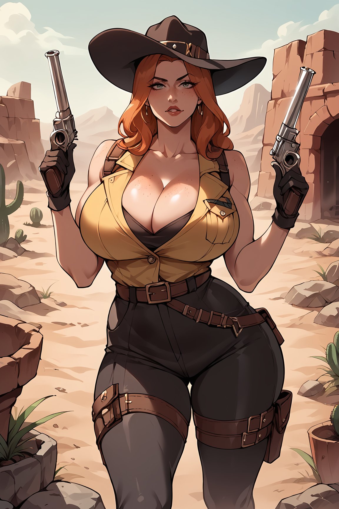 score_9, score_8_up, score_7_up, score_6_up, 1girl, solo, orange hair, ginger, freckles, huge body, huge breasts, (wide hips:1.2), lips, Old West, wild west outfit, yellow vest, cleavage, black trenchcoat, black pants, black hat, holding silver revolver, black gloves, belt holster, wild west setting, desert town, cactus, BREAK, score_9, score_8_up, score_7_up, source_anime, detailed background , waifu,Nyantcha style 