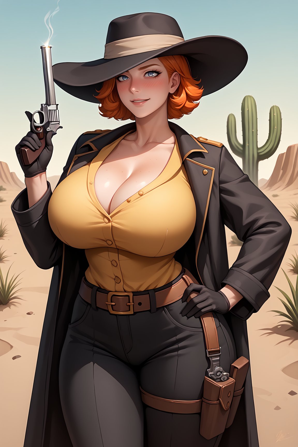 score_9, score_8_up, score_7_up, score_6_up, score_5_up, score_4_up, expressive eyes, perfect face,(masterpiece), best quality, 1girl, mature female, solo, orange hair, ginger, freckles, huge body, (huge breasts, heavy breasts), (wide hips:1.2), Old West, wild west outfit, yellow vest, cleavage, clavicle, collarbone, (black fur-trimmed coat), black pants, black hat, one hand holding weapon, revolver pistol, black gloves, belt holster, one hand on hip, wild west setting, desert town, cactus, expressive eyes, symmetrical eyes, perfect face, beautiful face, feminine face, full lips. realistic. rating_safe, cel shading art, hand-drawn graphic novel, beautiful color palette, perfect composition, 