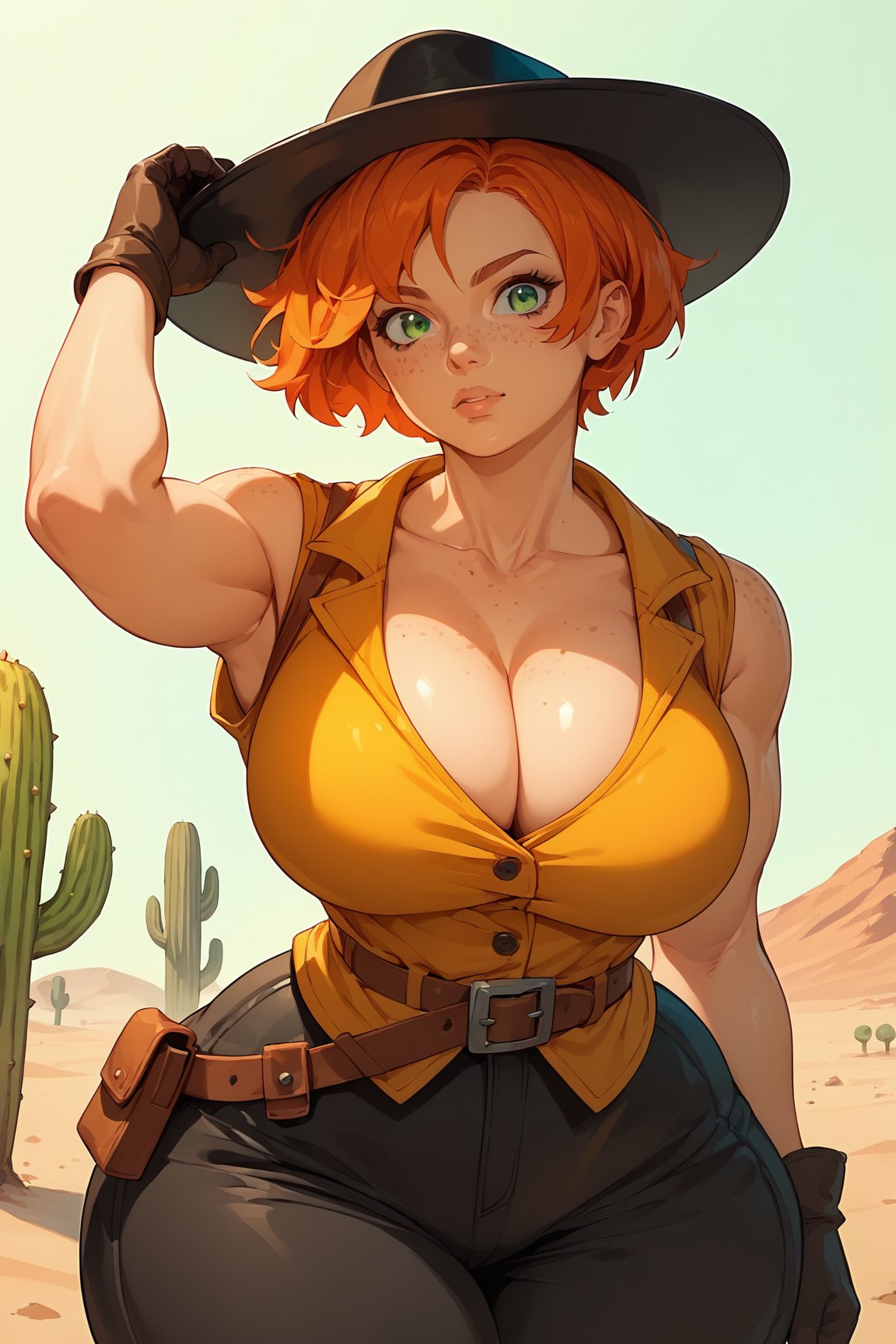 score_9,score_8_up,score_7_up,score_6_up, source_anime, 1girl, solo, orange hair, ginger, short hair, green eyes, freckles, huge body, breasts, (wide hips, bottom heavy:1.5), pear shaped, wild west outfit, yellow vest, cleavage, clavicle, collarbone, (black coat, trench coat:1.1), black pants, black hat, one hand holding weapon, revolver pistol, black gloves, belt holster, one hand on hip, wild west setting, desert town, cactus, shiny, vivad color