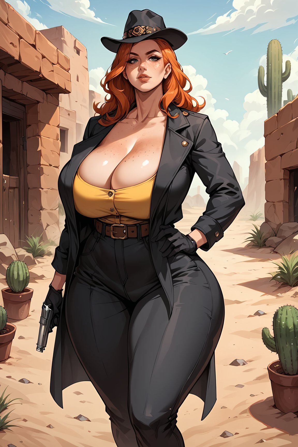 score_9, score_8_up, score_7_up, score_6_up, 1girl, solo, orange hair, ginger, freckles, huge body, (huge breasts, heavy breasts), (wide hips:1.2), lips, Old West, wild west outfit, yellow vest, cleavage, clavicle, collarbone, (black trench coat),  black pants, black hat, one hand holding weapon, revolver pistol, black gloves, belt holster, one hand on hip, wild west setting, desert town, cactus, BREAK, score_9, score_8_up, score_7_up, source_anime, detailed background 