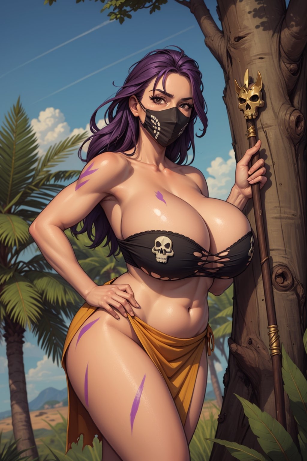 Cowboy shot, (masterpiece, high quality, illustration) Wide angle, up a giant tree, 1girl, mature female, (huge breasts), sagging breasts, purple hair, perfectly explained hands,perfect fingers, plump, wide hips, thick thighs, (taut_clothes), (brown strapless tube top), (brown short skirt), exposed stomach, (torn_clothes), body covered in tribal paint, coyote skull mask, long purple hair, standing on a tree branch, holding a spear , 