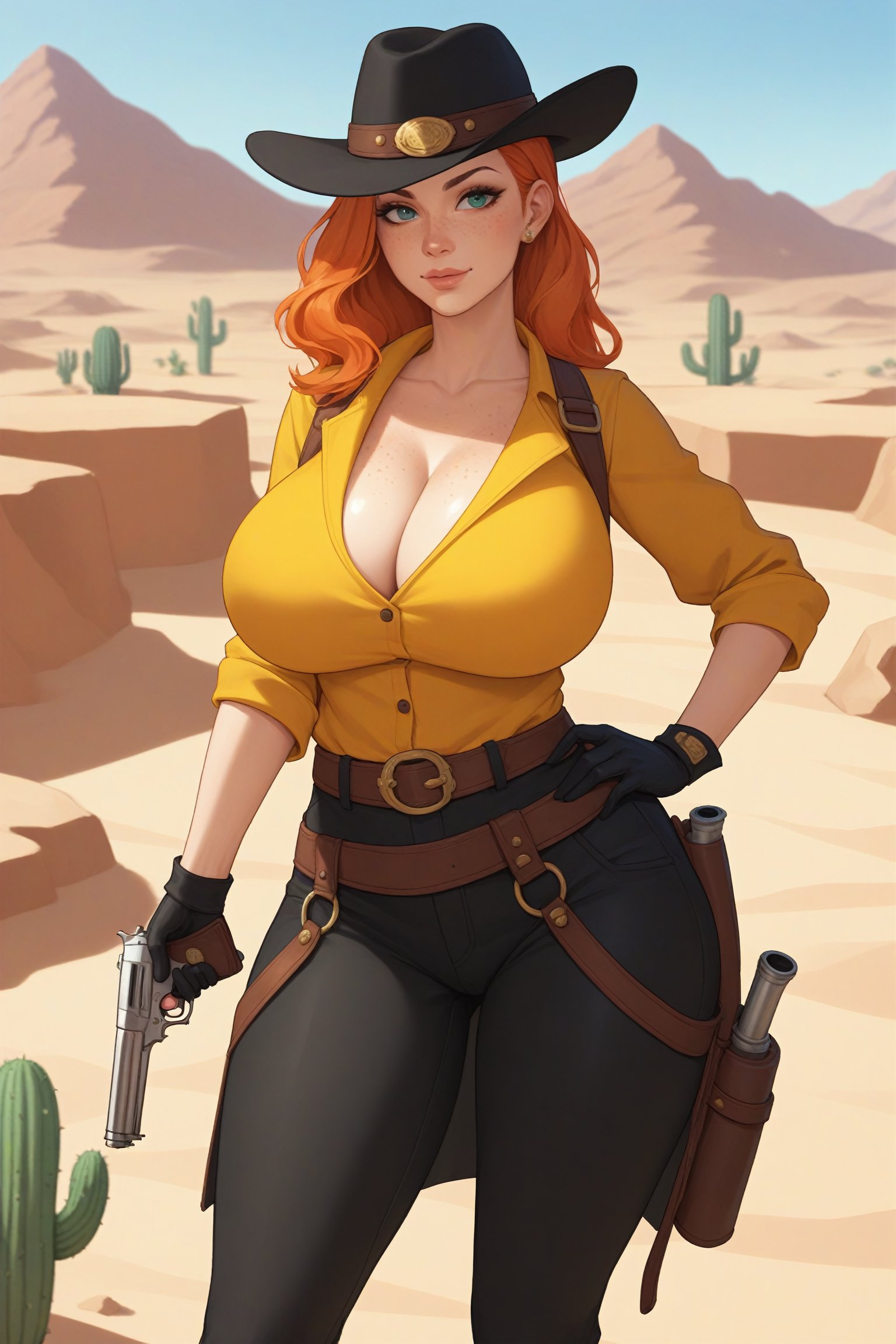 score_9,score_8_up,score_7_up,score_6_up,, 1girl, solo, orange hair, ginger, freckles, huge body, (huge breasts, heavy breasts), (wide hips:1.2), wild west outfit, yellow vest, cleavage, clavicle, collarbone, (black long coat), black pants, black hat, one hand holding weapon, revolver pistol, black gloves, belt holster, one hand on hip, wild west setting, desert town, cactus, shiny, vivad color