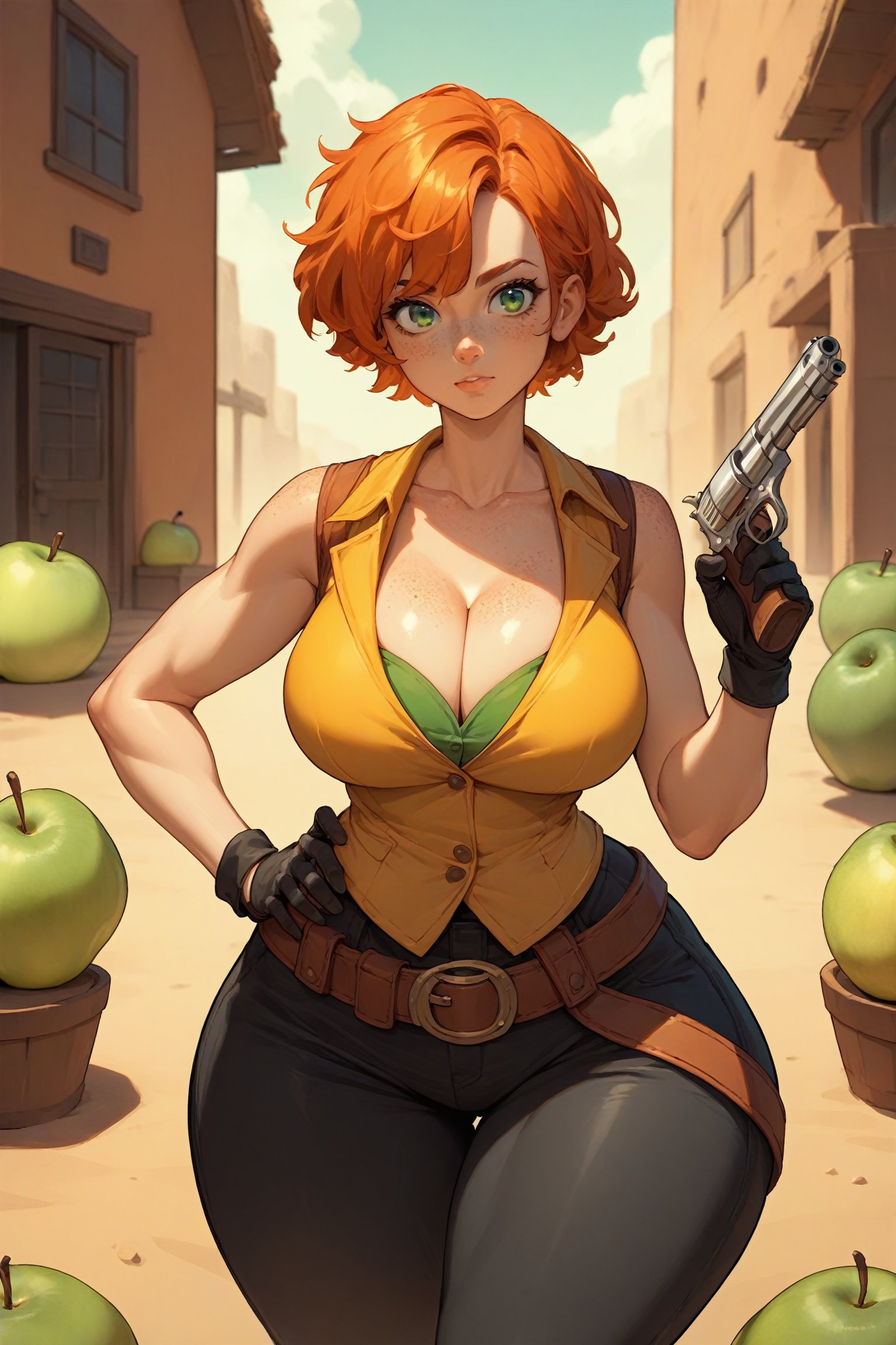 score_9,score_8_up,score_7_up,score_6_up, source_anime, 1girl, solo, orange hair, ginger, short hair, green eyes, freckles, huge body, breasts, (wide hips, bottom heavy:1.5), pear shaped, wild west outfit, yellow vest, cleavage, clavicle, collarbone, (black long coat:1.1), black pants, black hat, one hand holding weapon, revolver pistol, black gloves, belt holster, one hand on hip, wild west setting, desert town, cactus, shiny, vivad color