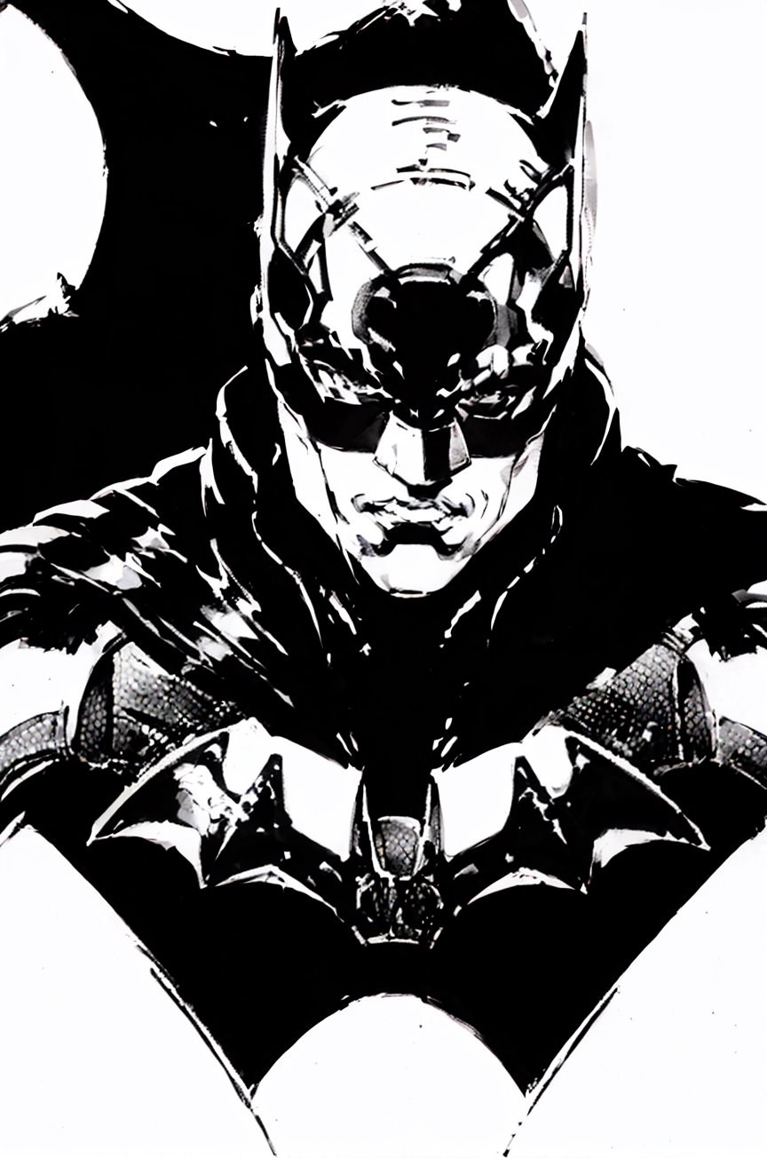 (shinkawa youji:1.5), 1boy, greyscale, male focus, (monochrome), ((masterpiece)),man with batman costume mask and cape