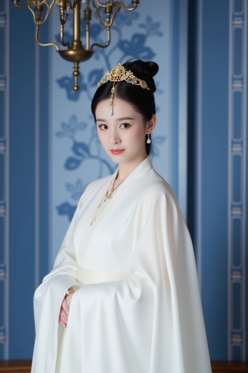 The image is a portrait of a young woman wearing a traditional Chinese wedding dress. She is standing in front of a blue and white patterned background with a chandelier hanging from the ceiling. The woman is wearing a white dress with a long, flowing cape draped over her shoulders. She has a gold headpiece with intricate designs on it, which appears to be a crown or a tiara. Her hair is styled in an updo with a few strands of hair tied up in a bun. She also has a pair of earrings and a necklace with a pendant. The overall mood of the image is elegant and regal., cfairy