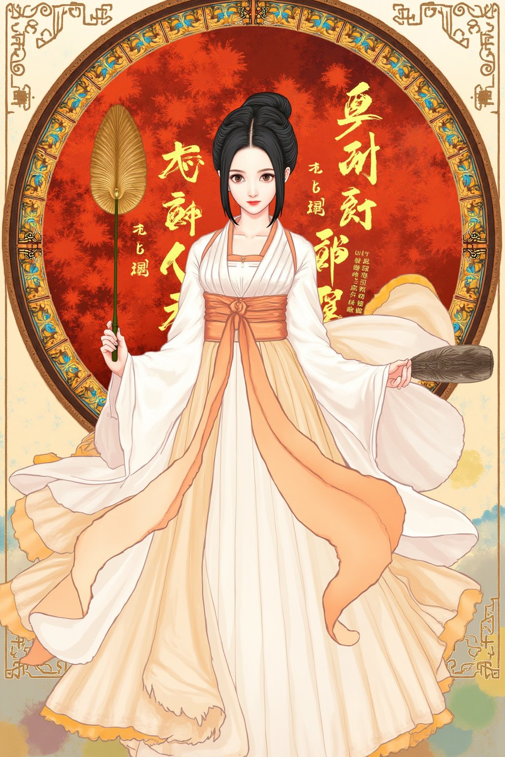 The image is a digital illustration of a young woman wearing a traditional Chinese Hanfu dress. She is standing in front of a large circular frame with intricate designs and patterns. The woman is holding a fan in her right hand and is wearing a long, flowing white and peach-colored dress with a high neckline and long sleeves. Her hair is styled in a high bun and she has a serious expression on her face. The background is filled with vibrant colors and patterns, including red, orange, yellow, and blue. In the center of the frame, there is Chinese characters written in gold. The overall style of the illustration is elegant and regal., cfairy