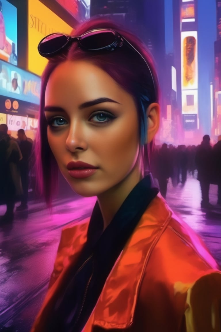 xxmixgirl,1 female detailed face time square detailed background cyberpunk shadow dramatic lighting by Bill Sienkiewicz ( SimplepositiveXLv1:0.7)