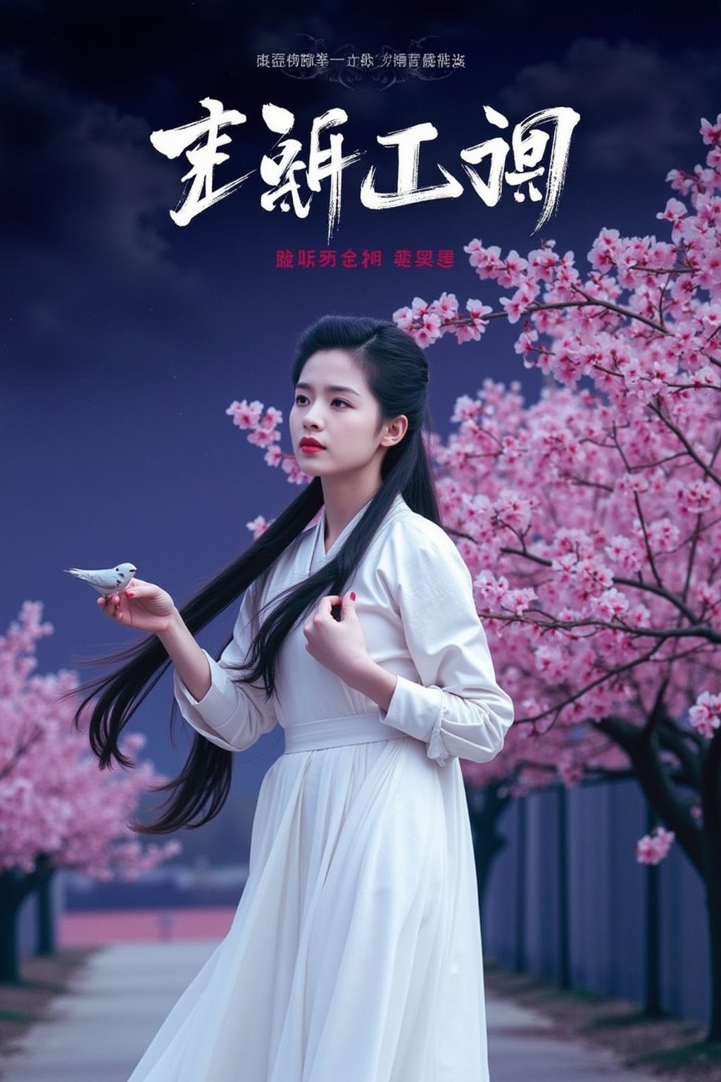 The image is a Chinese movie poster for the film "Once Upon a Time". It features a young woman with long dark hair, wearing a white traditional Chinese dress, holding a small bird in her hand. She is standing in front of a tree with pink cherry blossom trees in full bloom. The background is a dark blue sky with a few clouds. The title of the film is written in Chinese characters at the top of the poster. The overall mood of the image is peaceful and serene., cfairy