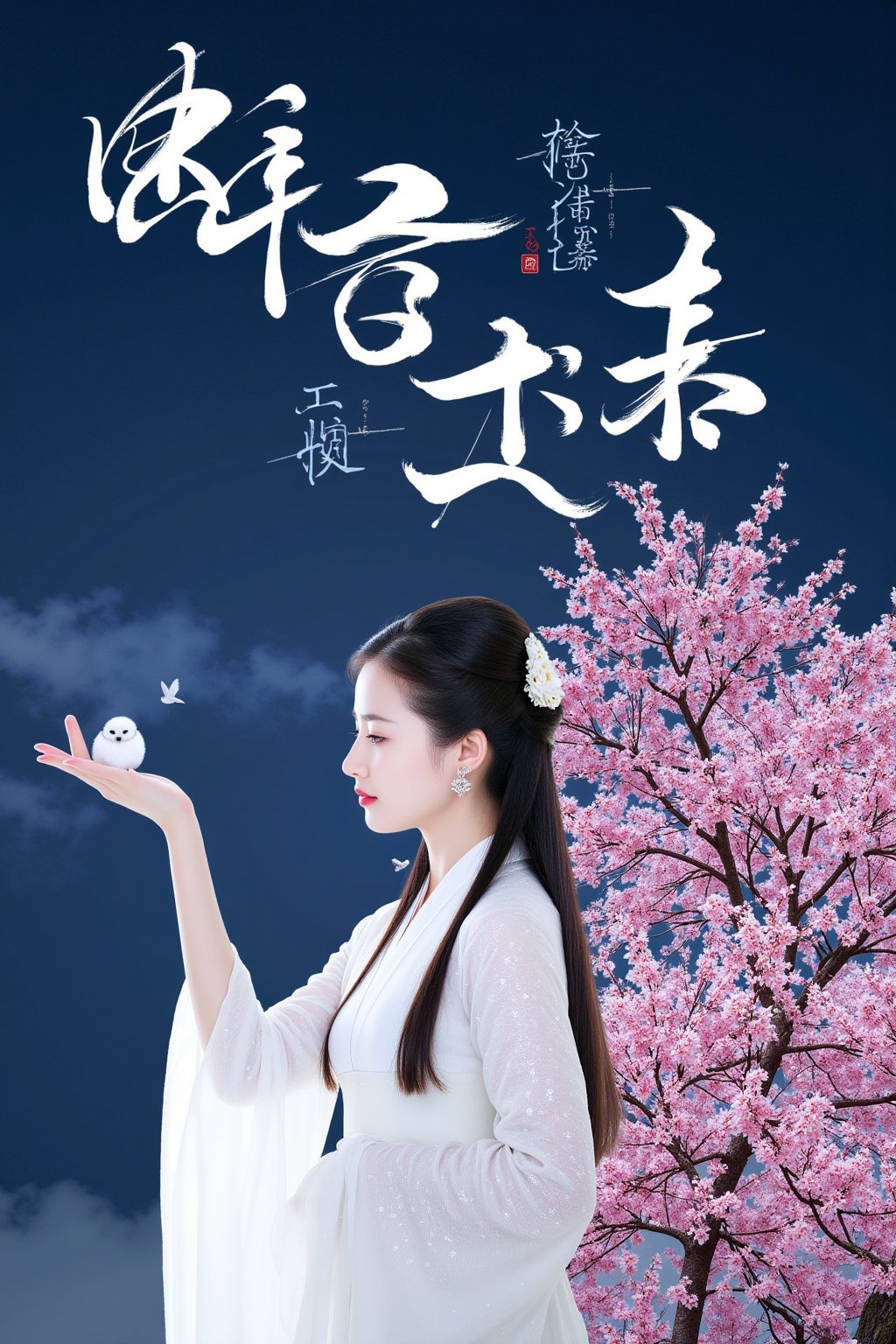 The image is a Chinese movie poster for the film "Once Upon a Time". It features a young woman with long dark hair, wearing a white traditional Chinese dress, holding a small bird in her hand. She is standing in front of a tree with pink cherry blossom trees in full bloom. The background is a dark blue sky with a few clouds. The title of the film is written in Chinese characters at the top of the poster. The overall mood of the image is peaceful and serene., cfairy