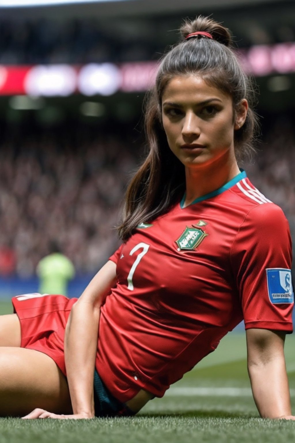 1girl, play soccer, stadium, cr7, upper body, ((face focus)), ,breast, portugal shirt