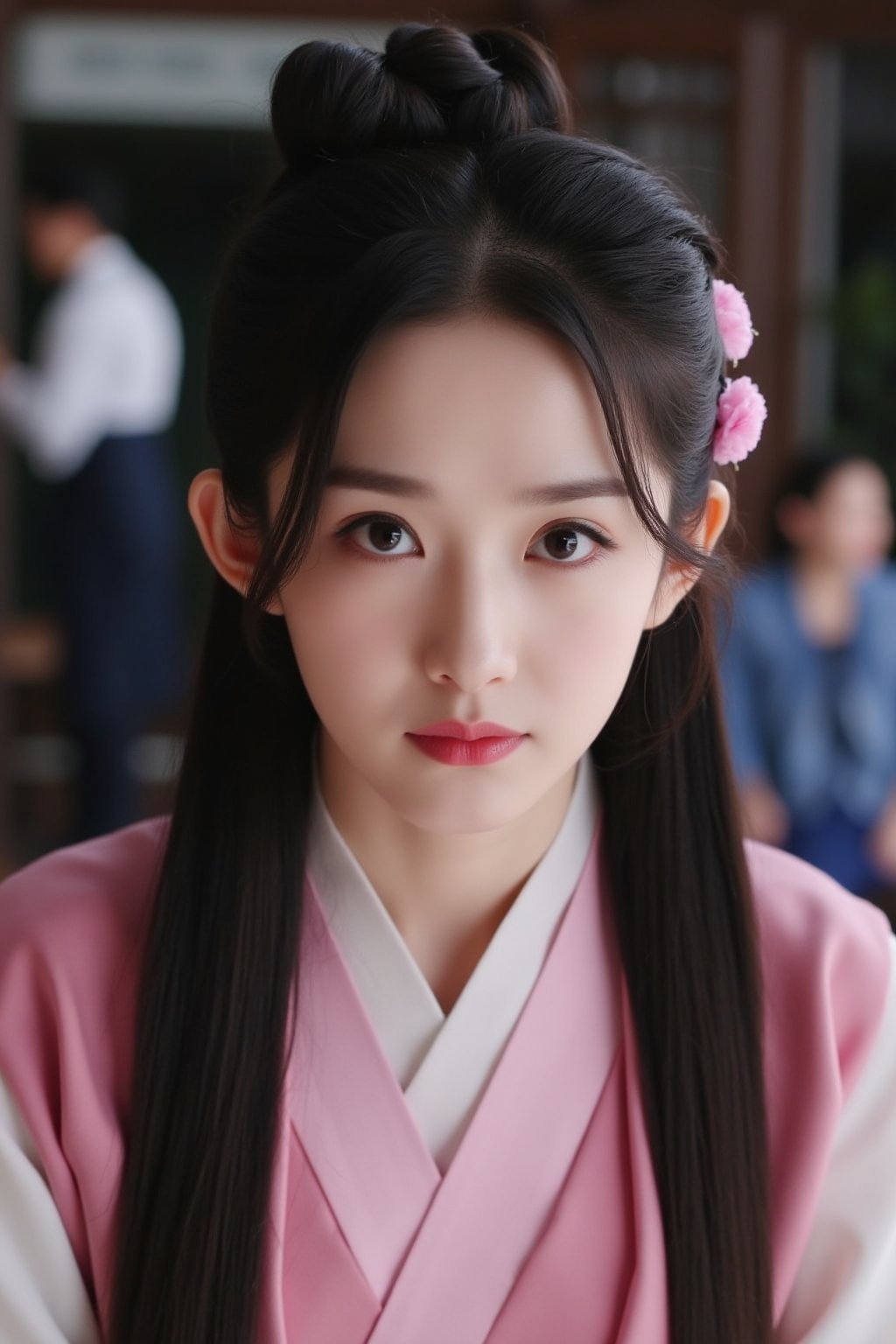 The image is a close-up portrait of a young Asian woman with long dark hair styled in a traditional Chinese hairstyle. She is wearing a pink and white traditional Chinese dress with a pink flower in her hair. Her makeup is subtle and natural-looking, with a hint of pink lipstick on her lips. She has a serious expression on her face and is looking directly at the camera. The background is blurred, but it appears to be an indoor setting with other people in the background., cfairy