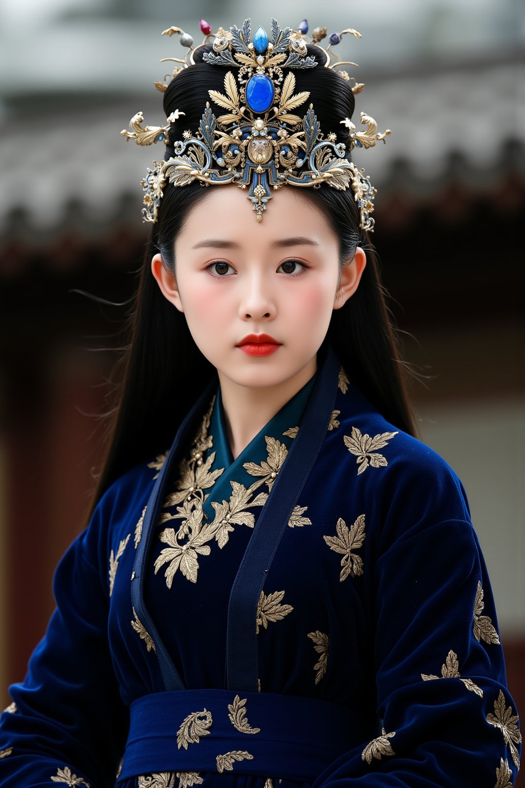 This is a high-resolution photograph featuring a young East Asian woman with fair skin and delicate features. She is dressed in an elaborate, traditional Chinese costume that includes a dark blue velvet robe with intricate gold embroidery. The robe is adorned with golden floral patterns and has a high collar. She wears a matching dark blue velvet cape with a similar gold embroidery design. Her long, straight black hair cascades down her back, reaching past her waist.

Her face is framed by an ornate headdress, which is adorned with golden leaves and feathers, adding a regal touch. The headdress also features a central blue jewel, which catches the light and adds a shimmering effect. Her makeup is minimal, with a focus on bold red lipstick and subtle eye makeup.

In the background, the blurred setting appears to be a traditional Chinese building with a tiled roof, giving a sense of historical context. The lighting is soft and natural, highlighting the texture of her clothing and the intricate details of her headdress. The overall mood of the photograph is one of elegance and timeless beauty, capturing a moment of stillness and grace.