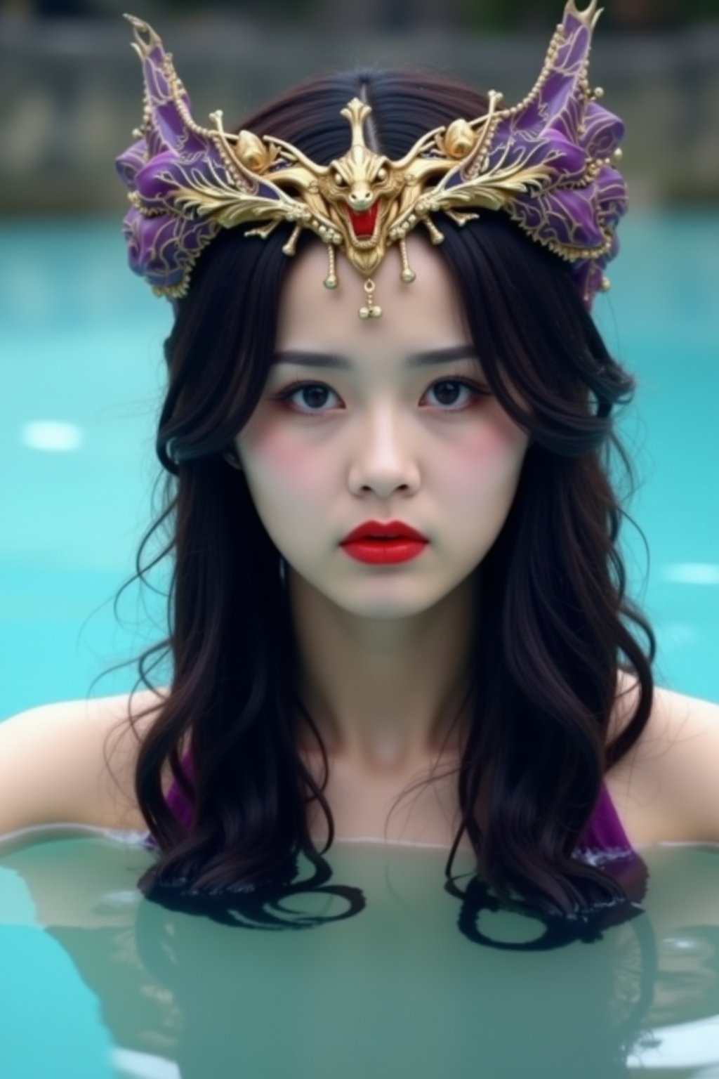 The image is a portrait of a young woman in a pool of water. She is wearing a purple and gold headpiece with a dragon design on it. The headpiece is made of gold and has intricate details that resemble scales and wings. The woman has long dark hair that is styled in loose waves and is wearing red lipstick. She has a serious expression on her face and is looking directly at the camera. The water around her is a light blue color and appears to be calm and still. The background is blurred, making the woman the focal point of the image., cfairy