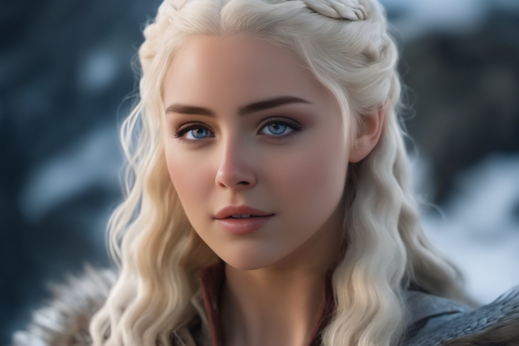 from Game of Thrones , (masterpiece), (extremely intricate:1.3), (realistic), portrait of a girl, the most beautiful in the world, Daenerys Targaryen, blonde hair, long hair, blue eyes, behind her is a dragon, monster, teeth, snow, (detailed face, detailed eyes, clear skin, clear eyes), photorealistic, award winning, professional photograph of a stunning woman detailed, sharp focus, dramatic, award winning, cinematic lighting, octane render, unreal engine, volumetrics dtx (high detailed skin:1.1), lord of the rings (but careful with the word "lord"),