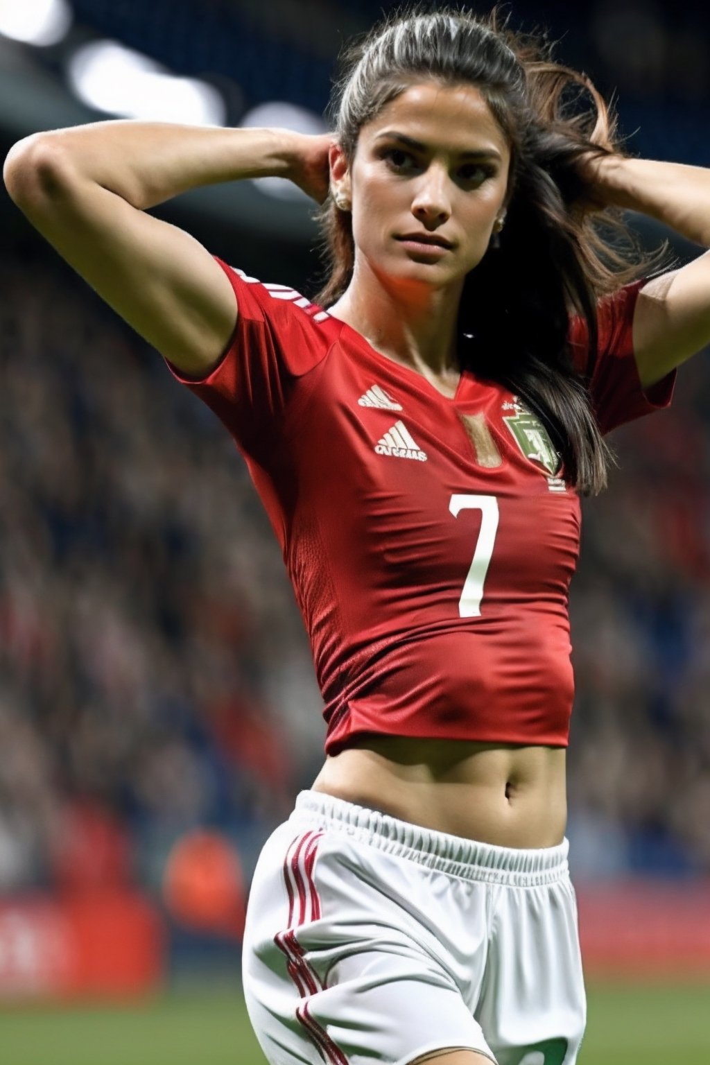 1girl, play soccer, stadium, cr7, upper body, ((face focus)), ,breast, portugal shirt