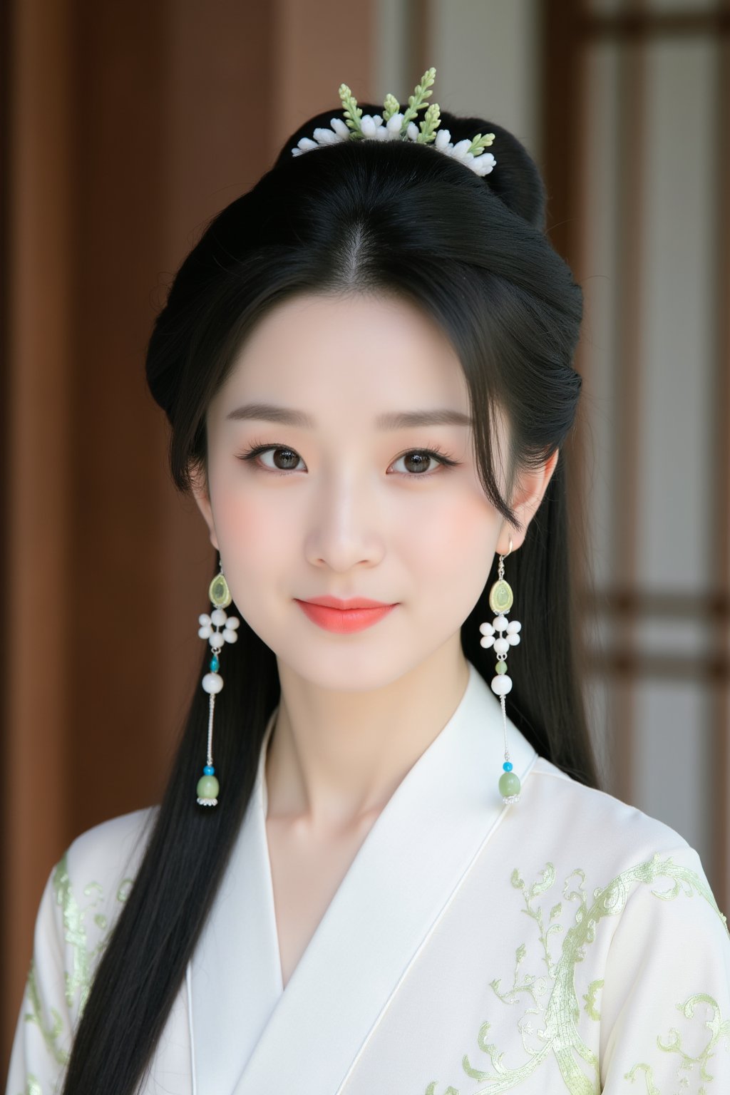 The image is a high-resolution photograph of a young East Asian woman with a fair complexion and delicate features. She has long, straight black hair that is styled in an elaborate updo adorned with a traditional floral hairpin made of white and light green flowers. Her makeup is minimal but accentuates her natural beauty with a light pink lip color and subtle eyeshadow. She wears a traditional white silk robe with intricate embroidery, featuring delicate floral patterns in light green and silver thread. The robe drapes elegantly over her shoulders, showcasing its fine texture. Her earrings are long and dangle, with a mix of white and green beads and small pendants, adding a touch of elegance to her attire. The background is blurred but suggests an outdoor setting with a wooden structure and natural light filtering through, creating a soft, warm ambiance. The overall aesthetic of the image is one of grace and traditional beauty, capturing the essence of East Asian culture and fashion.