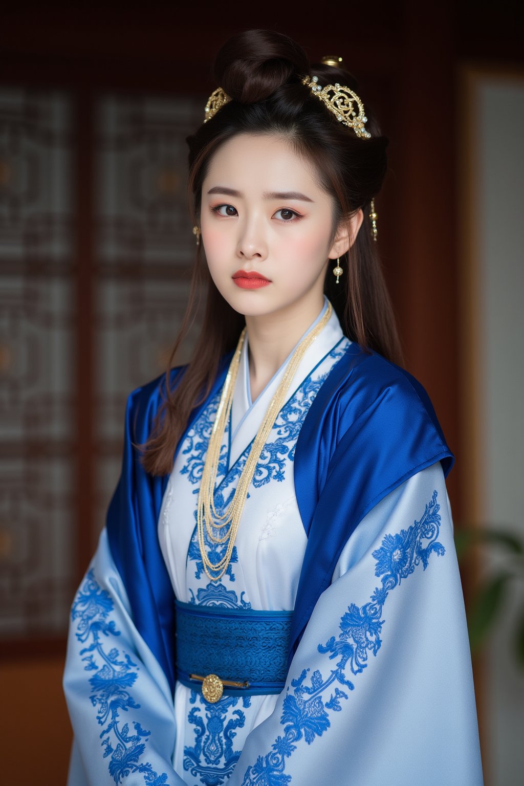 The image is a portrait of a young woman dressed in traditional Chinese clothing. She is wearing a blue and white hanfu dress with intricate patterns and designs. The dress has a high neckline and long sleeves, and is cinched at the waist with a blue shawl draped over her shoulders. She has a gold necklace and earrings, and her hair is styled in a high bun with a tiara on top. The woman is looking off to the side with a serious expression on her face. The background is blurred, but it appears to be an indoor setting with a wooden door and a window., cfairy