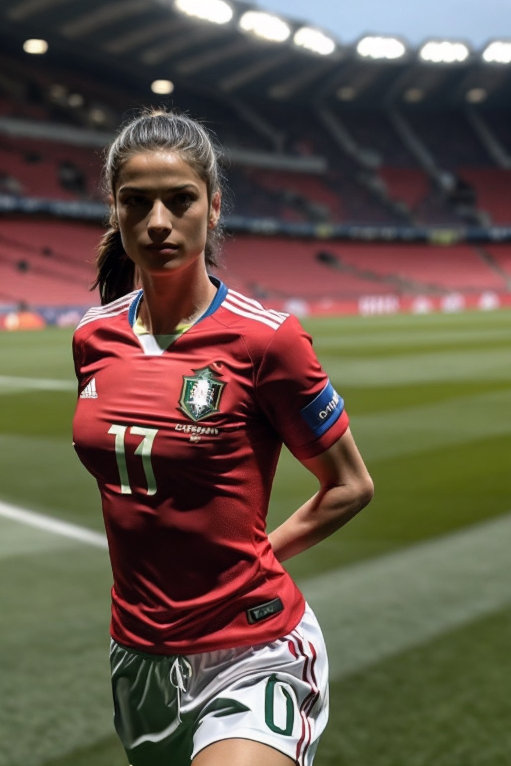 1girl, play soccer, stadium, cr7, upper body, ((face focus)), ,breast, portugal shirt