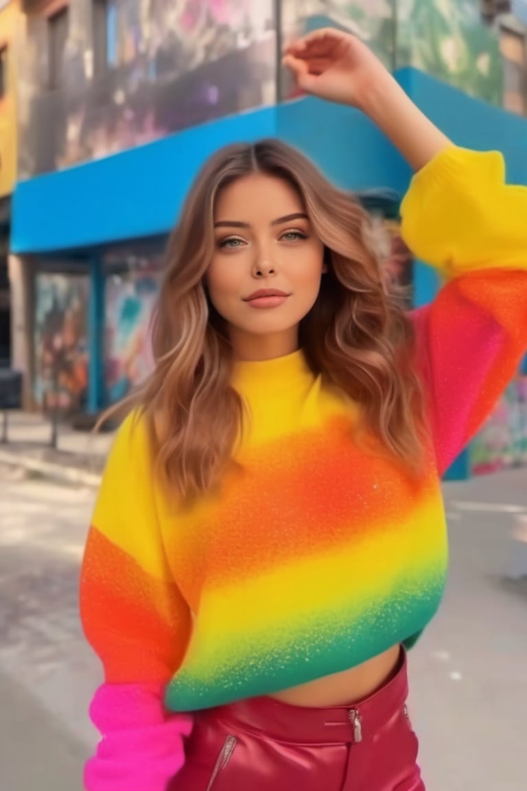 portrait photo of 1girl, looking directly at the camera , snapshot aesthetic, dramatic lighting, color cannon explosion, paint on body, rainbow colored sweater, splash, particles, dynamic background,