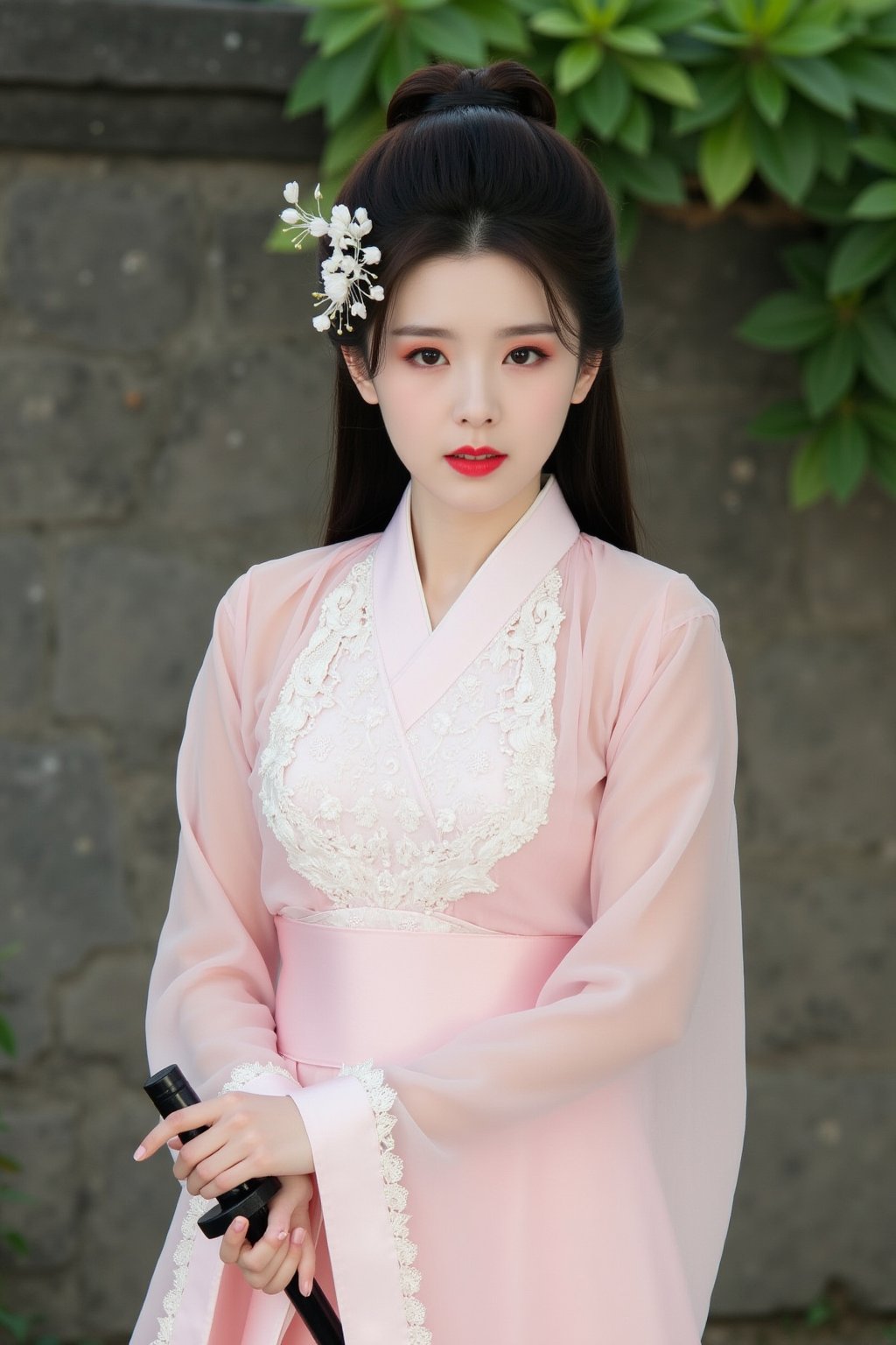 The image is a portrait of a young woman wearing a traditional Chinese Hanfu dress. She is standing in front of a stone wall with greenery in the background. The woman is holding a black sword in her right hand and her left hand is resting on her hip. She has long dark hair styled in a high bun with a white flower in her hair. Her makeup is done in a dramatic style with red lipstick and red eyeshadow. The dress is made of a light pink fabric with white lace detailing on the neckline and sleeves. The overall mood of the image is elegant and regal., cfairy